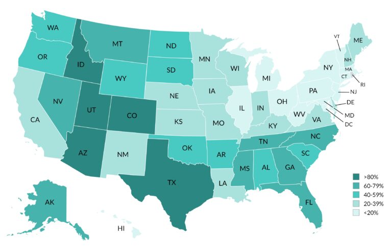 U.S. map showing Growth in Low Wage Jobs, 1990-2021